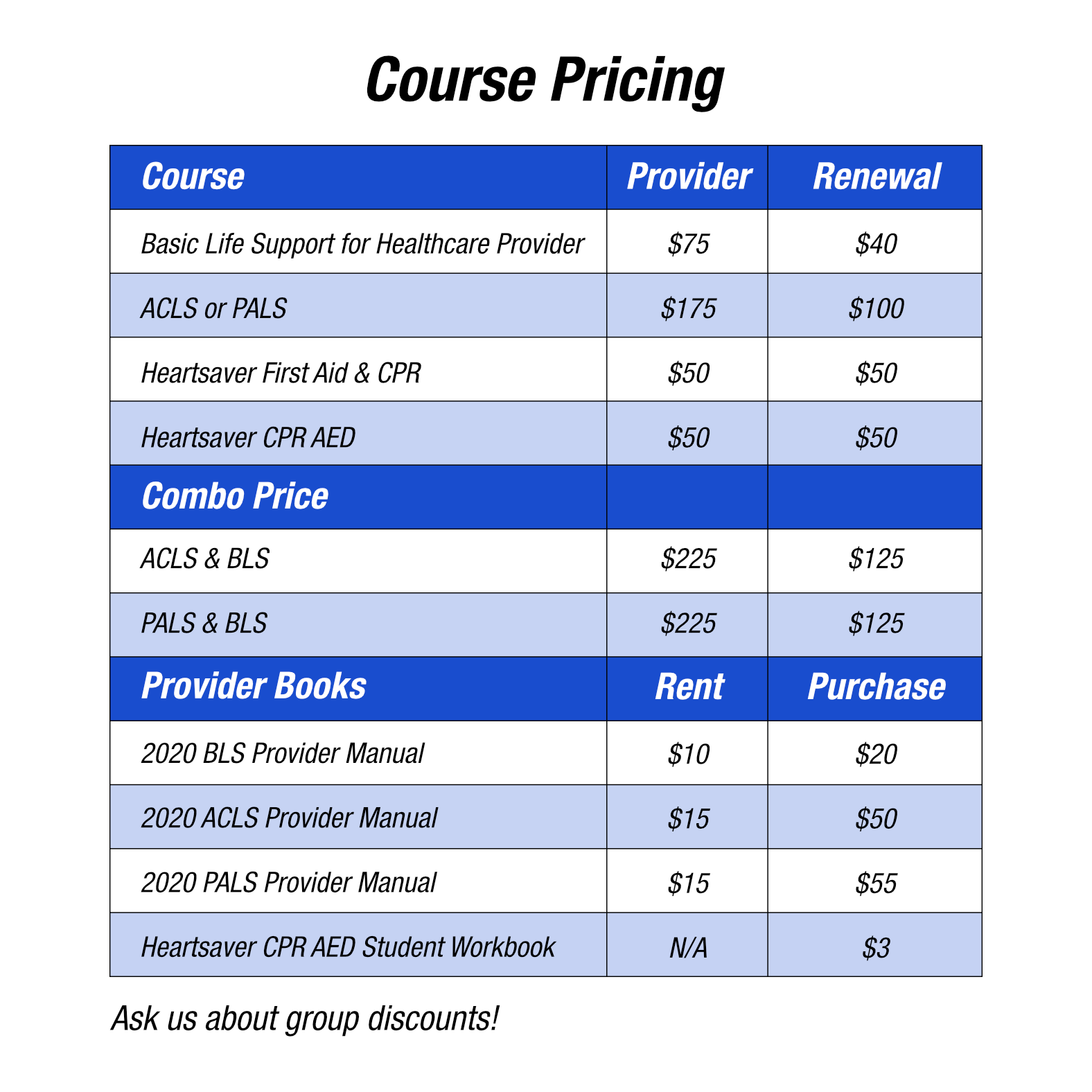 AHA Course Pricing