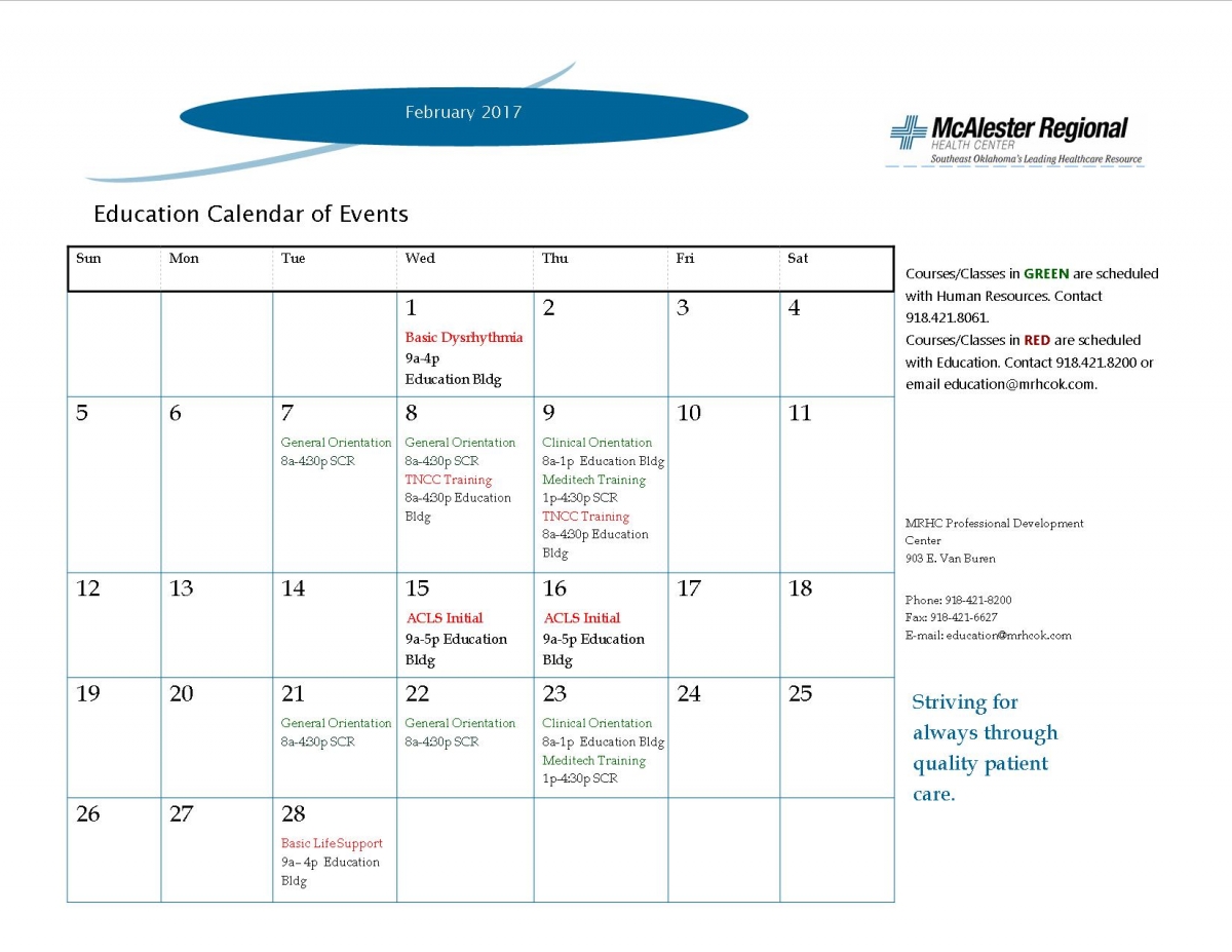 Education Calendar McAlester Regional Health Center McAlester