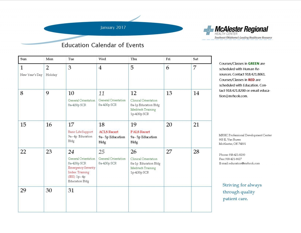 Education Calendar McAlester Regional Health Center McAlester